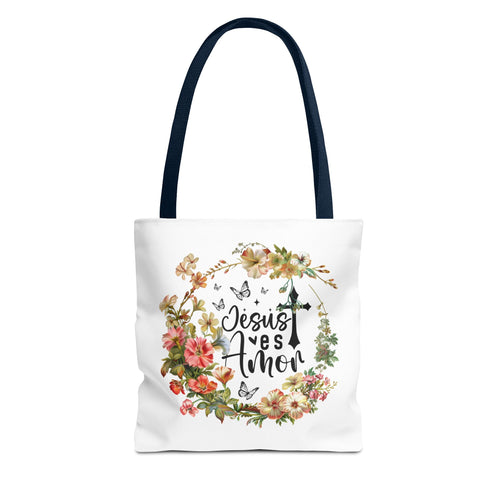 Bolso tote con mensaje bíblico – Jesús es Amor – Diseño floral cristiano