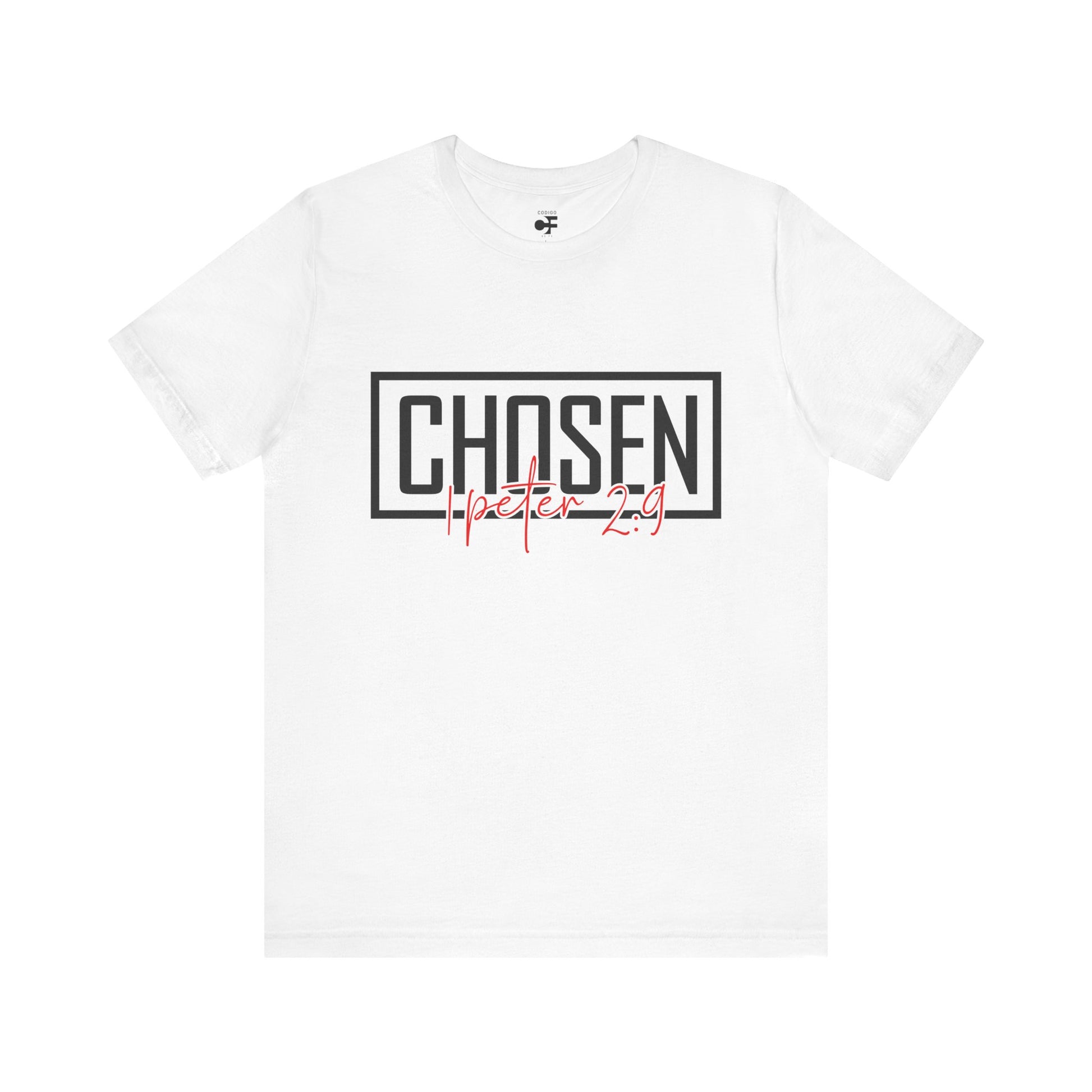Camiseta cristiana unisex blanca con frase “CHOSEN – 1 Pedro 2:9” – Identidad, propósito y estilo con fe