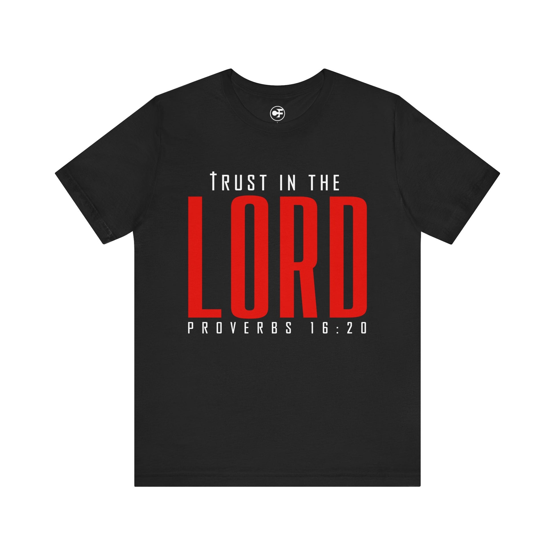Camiseta cristiana unisex negra “Trust in the Lord” – Proverbios 16:20 | Fe, estilo y confianza en Dios