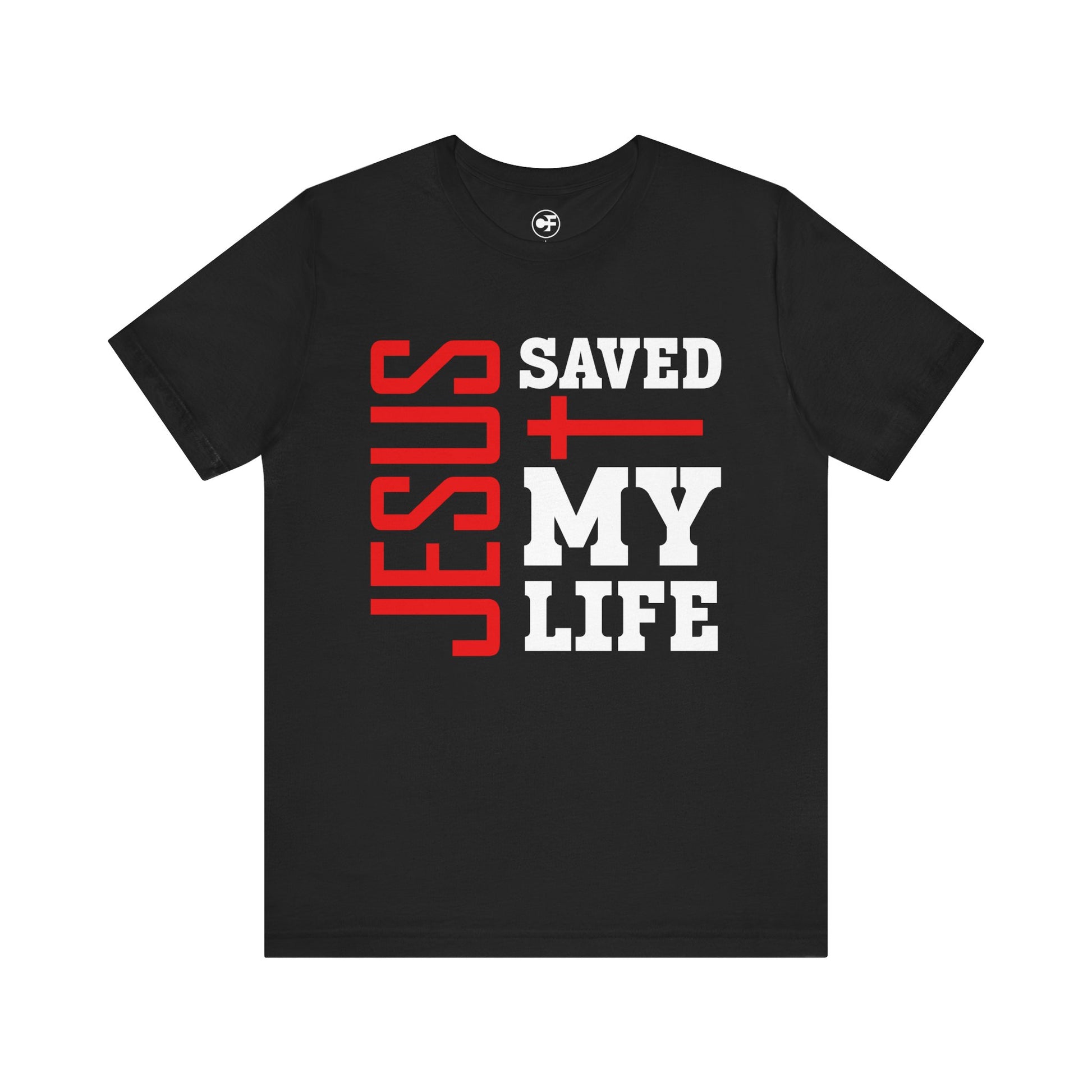 Camiseta cristiana unisex negra con frase “Jesus Saved My Life” – Fe que se viste con impacto