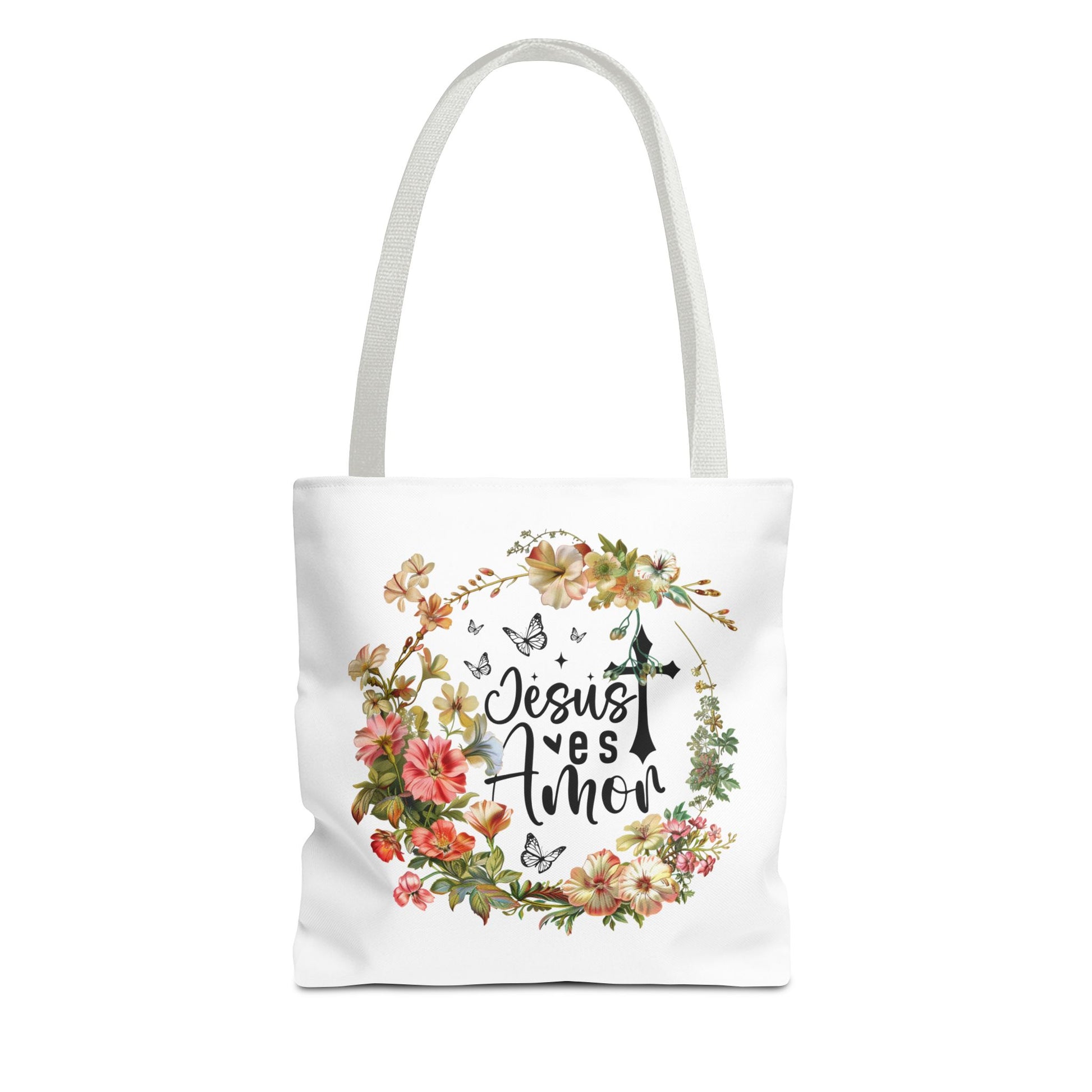 Bolso tote con mensaje bíblico – Jesús es Amor – Diseño floral cristiano