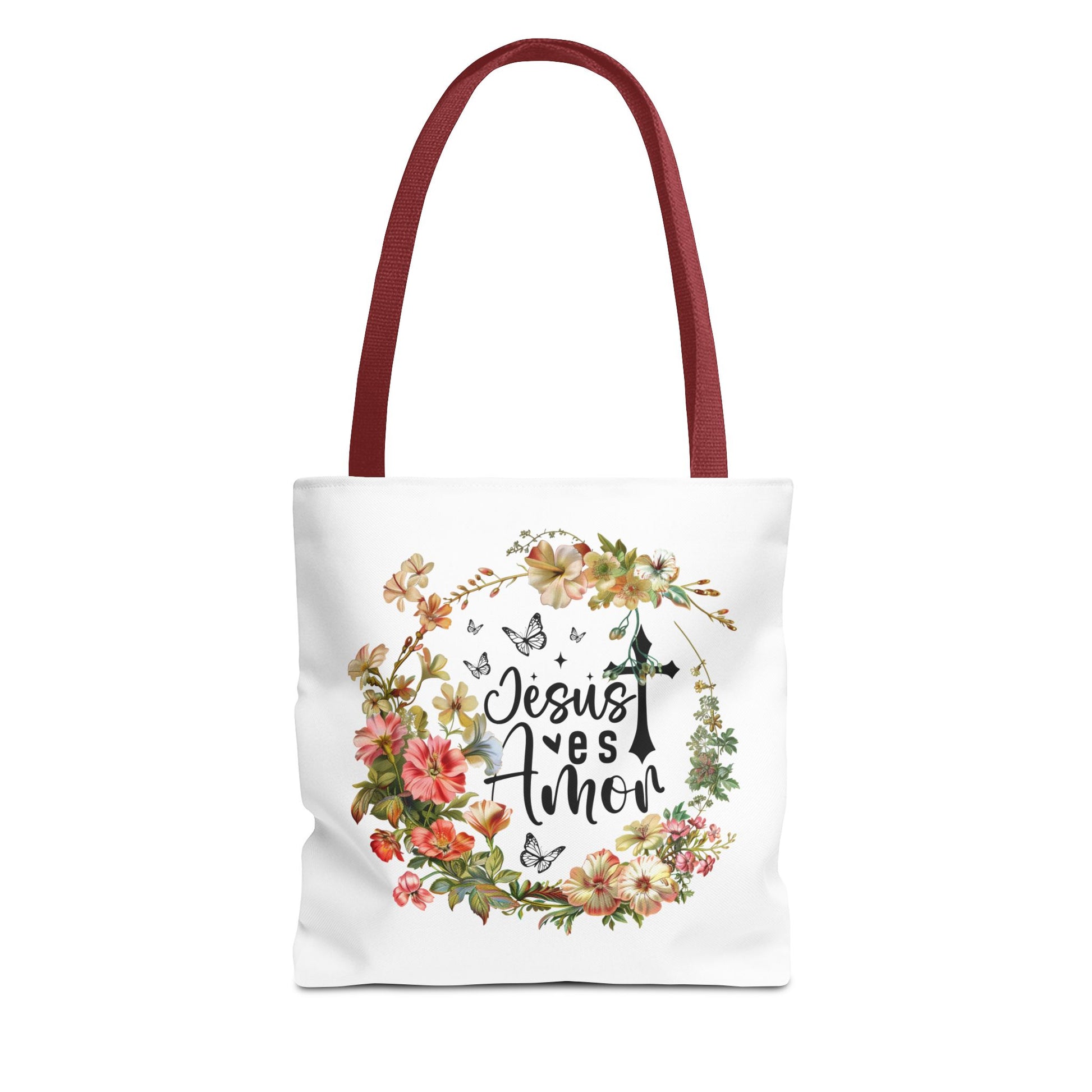 Bolso tote con mensaje bíblico – Jesús es Amor – Diseño floral cristiano