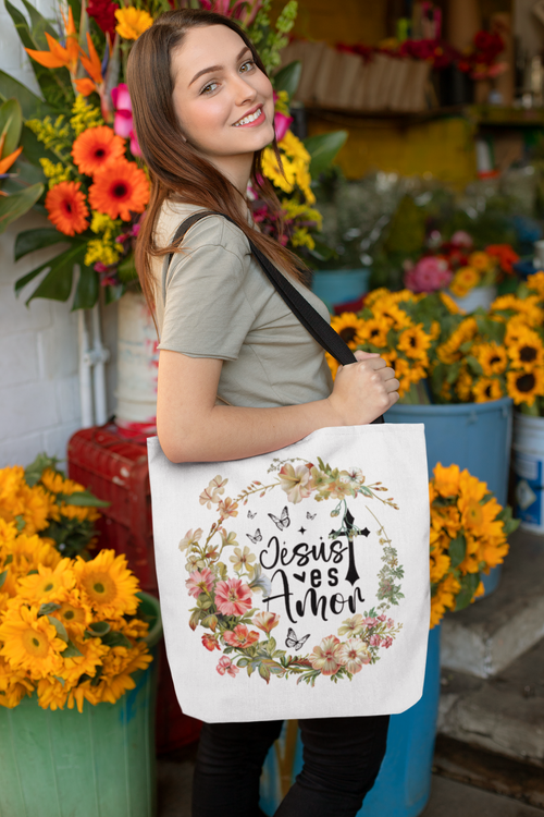 Bolso tote con mensaje bíblico – Jesús es Amor – Diseño floral cristiano